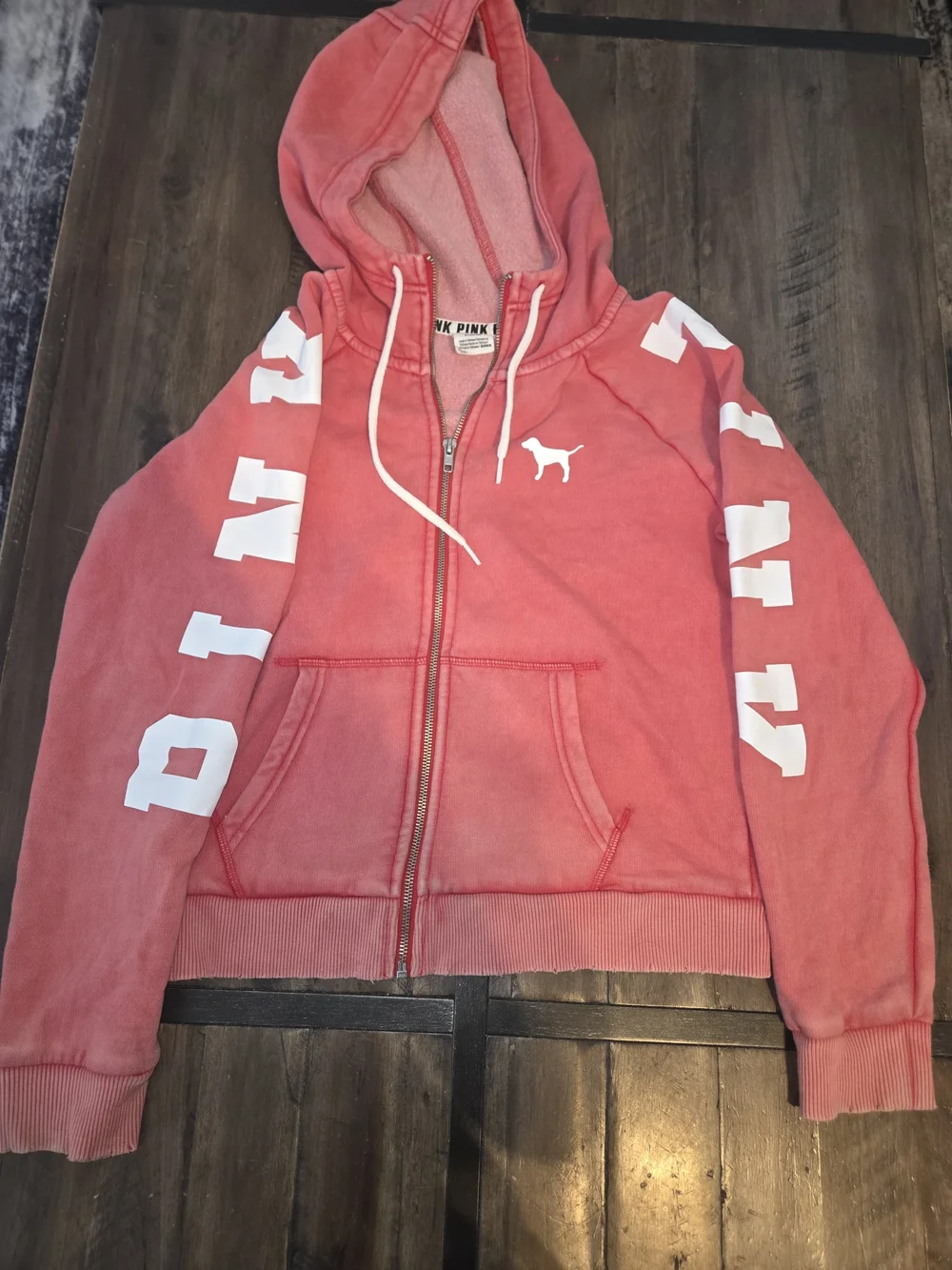 PINK Zip-Up Hoodie in Coral Pink with White Logo - Picture 2 of 8